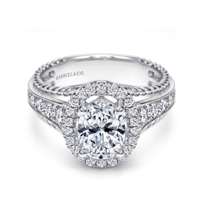Gabriel 14K White Gold .70ctw Oval Halo Style Diamond Semi-Mount Engagement Ring