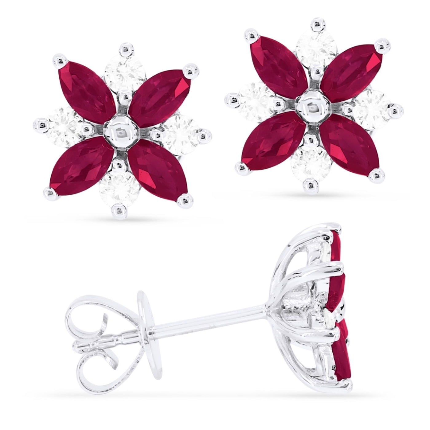 14K White Gold 1.09ctw Starburst Cluster Style Marquise Ruby and Diamond Earrings