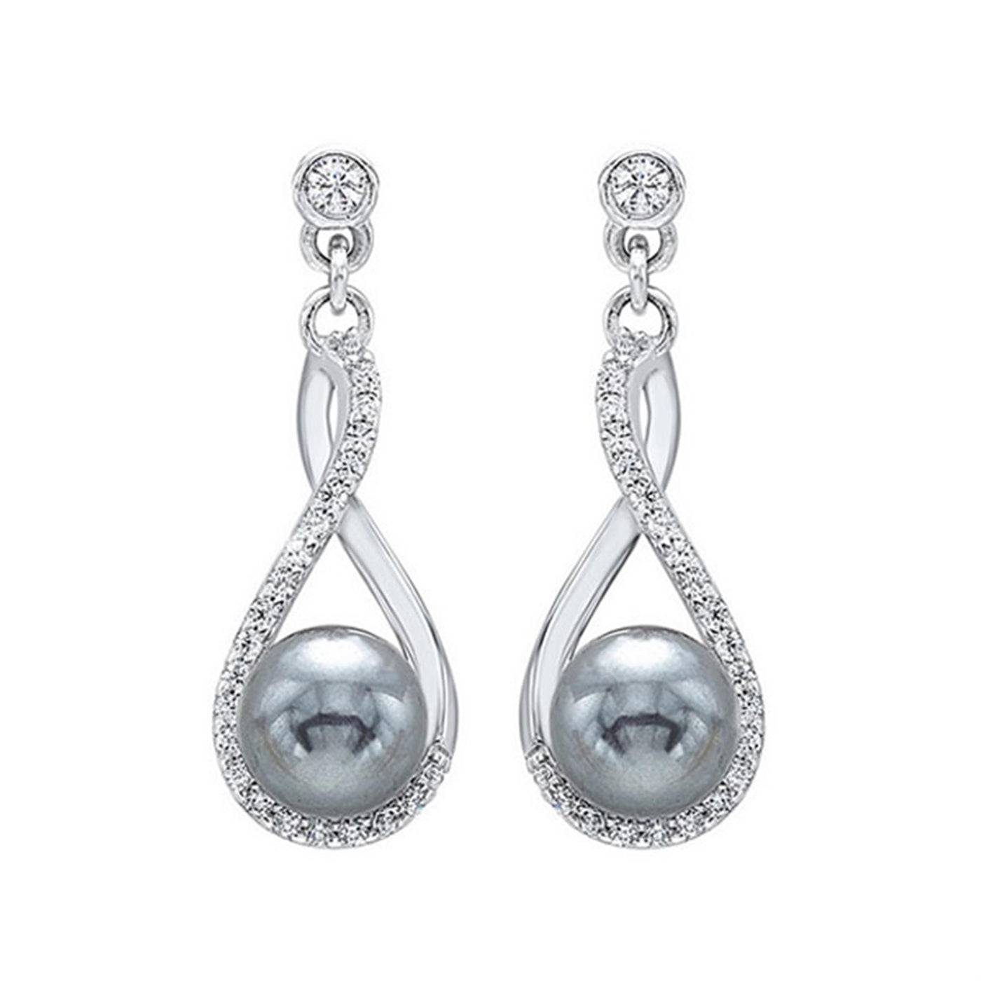 One Pair of Sterling Silver Dangle Style Earrings Featuring Grey Simulated Shell Pearls