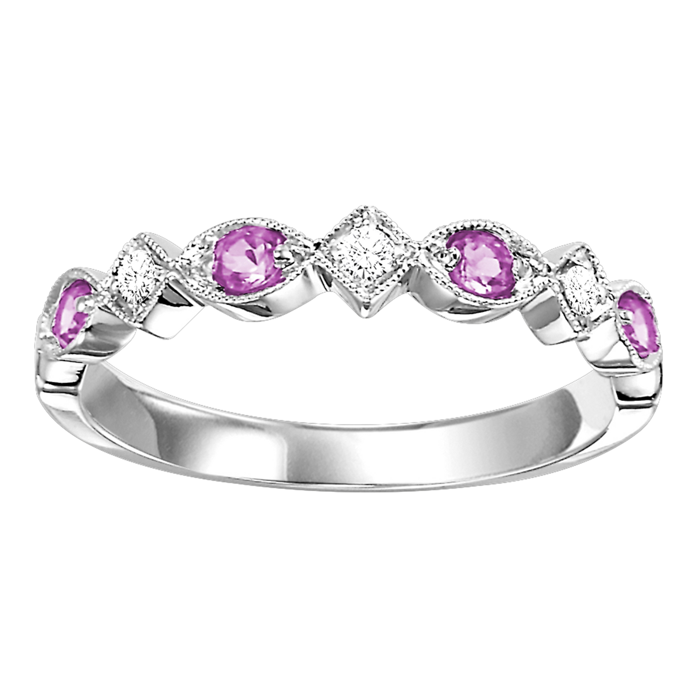 10K White Gold .22ctw Geometric Style Diamond Ring with Pink Sapphires