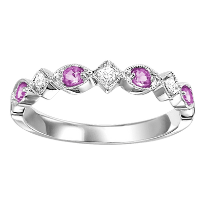 10K White Gold .22ctw Geometric Style Diamond Ring with Pink Sapphires