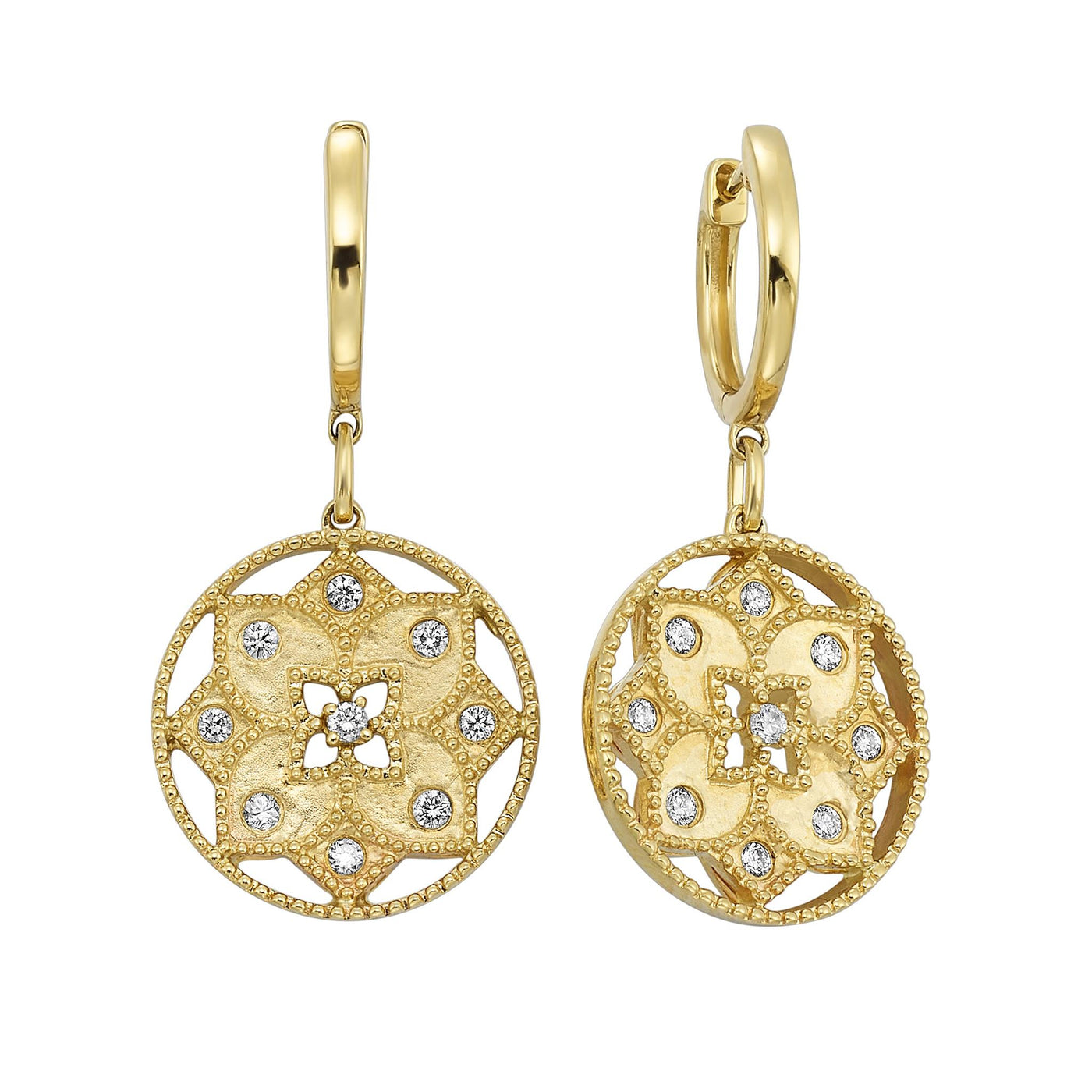 14K Yellow Gold ctw Etruscan Huggie Dangle Style Diamond Earrings