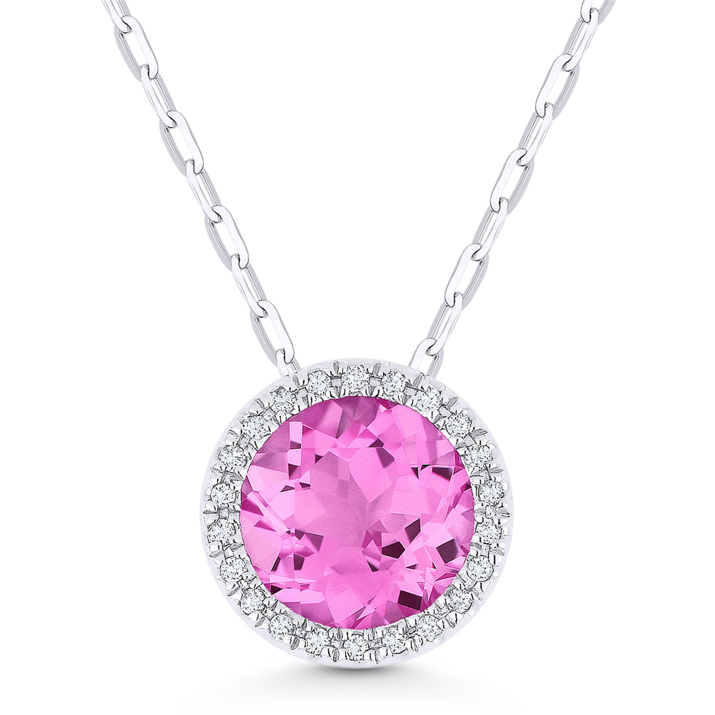 Madison L 14K White Gold 1.65ctw Halo Style Created Pink Corundum Necklace