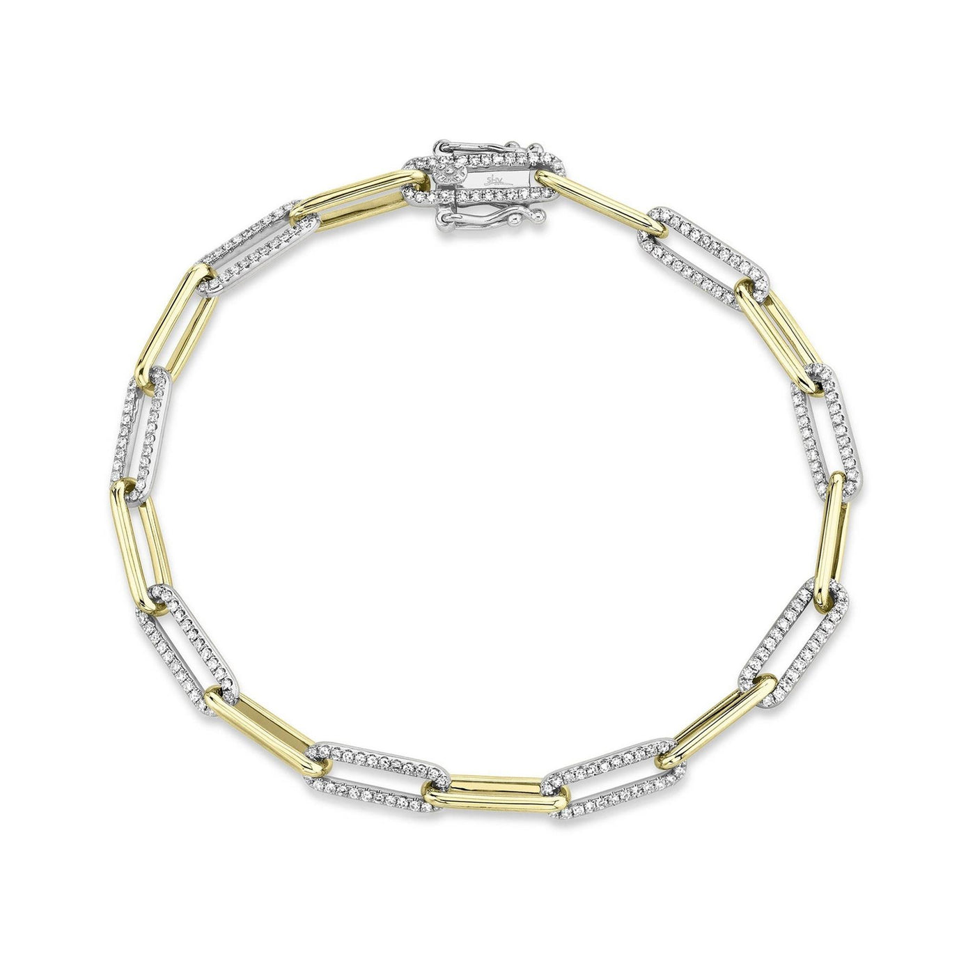 Shy Creation 14K White & Yellow Gold 0.74ctw 7" Paperclip Style Diamond Bracelet