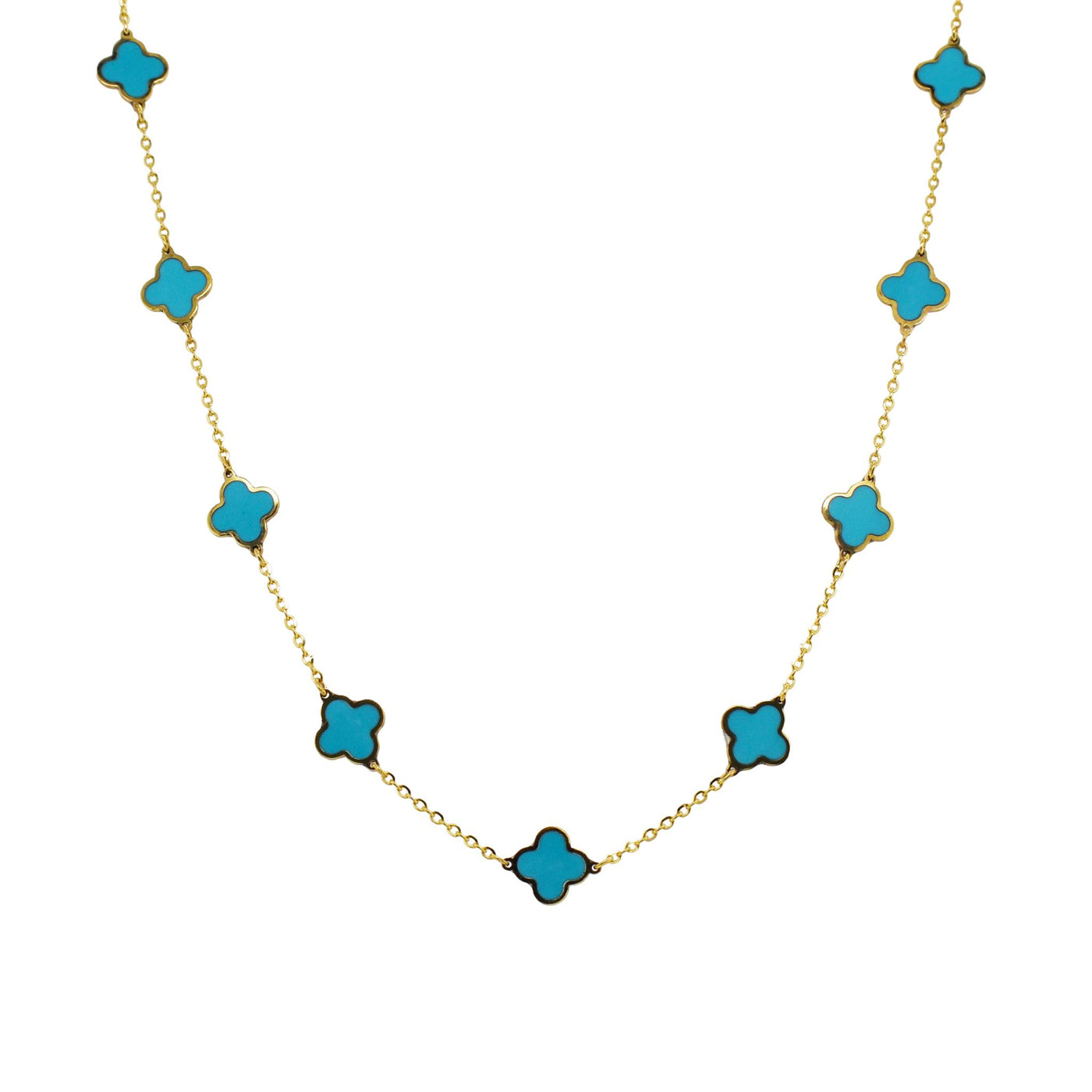 14K Yellow Gold Clover Style Turquoise Necklace