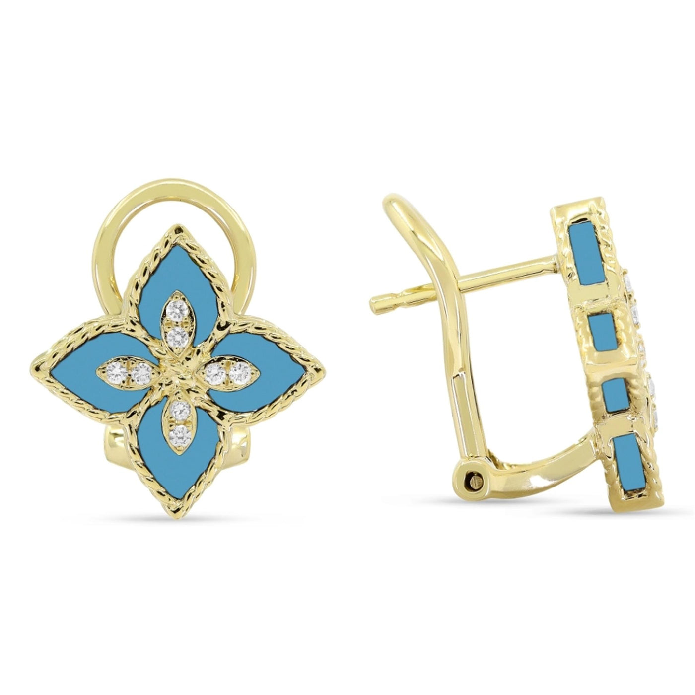 14K Yellow Gold 2.46ctw Etruscan Floral Style Fantasy Cut Turquoise and Diamond Earrings