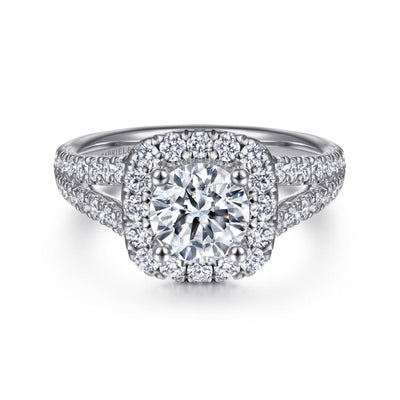 Gabriel 14K White Gold .83ctw Cushion Halo Style Diamond Semi-Mount Engagement Ring