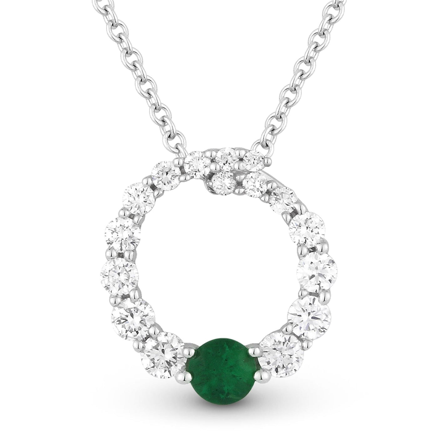 14K White Gold .50ctw Circle Style Necklace Featuring Emerald and Diamond