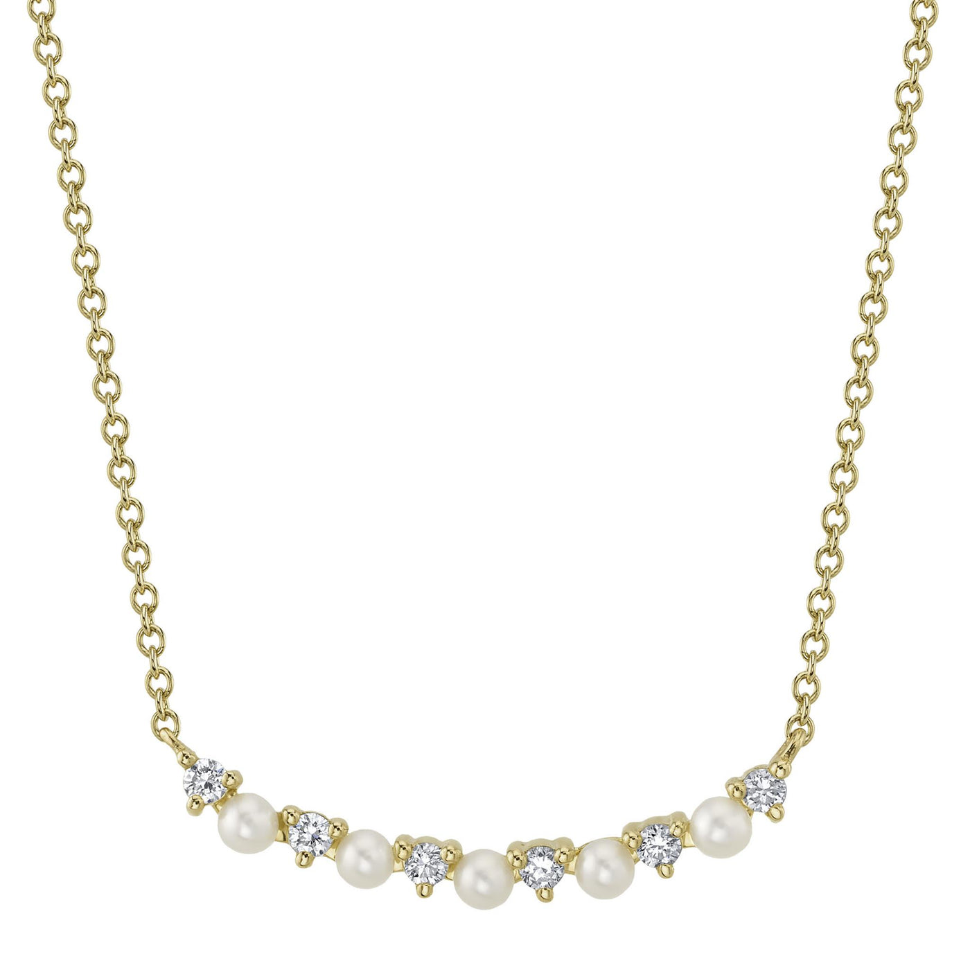 Shy Creation 14K Yellow Gold 18" Adjustable 0.12ctw Cultured Pearl and Diamond Curved Bar Necklace