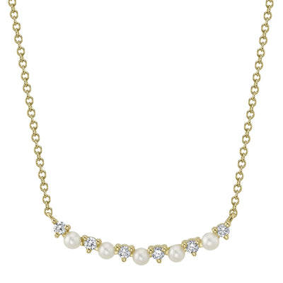 Shy Creation 14K Yellow Gold 18" Adjustable 0.12ctw Cultured Pearl and Diamond Curved Bar Necklace