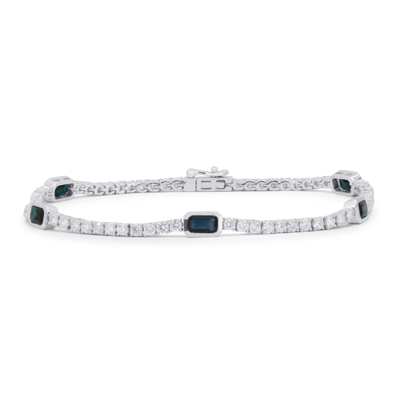 14K White Gold 7" Fancy Tennis Style Bracelet Featuring Sapphires and Diamonds