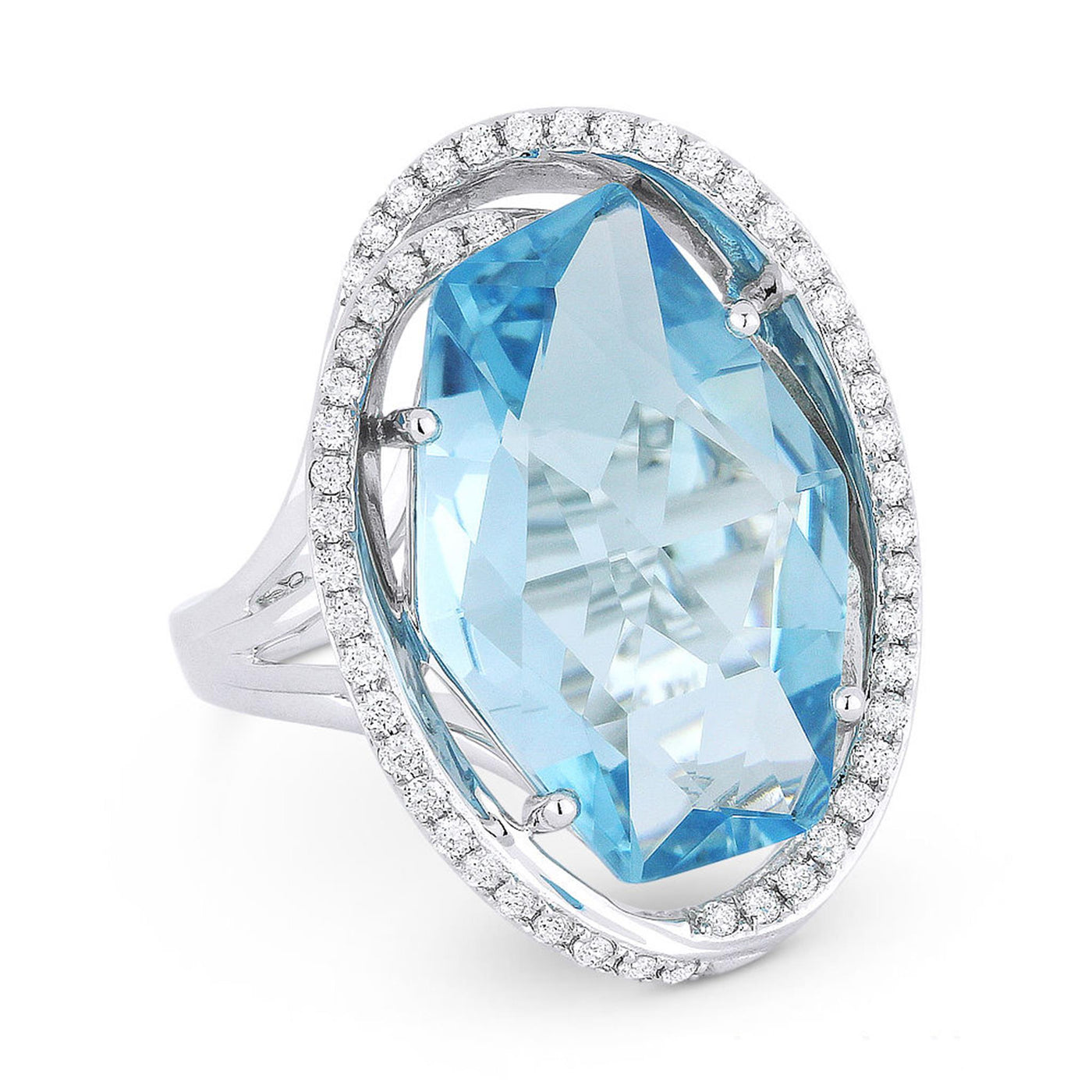 Madison L 14K White Gold 13.77ctw Halo Style Blue Topaz and Diamonds Ring