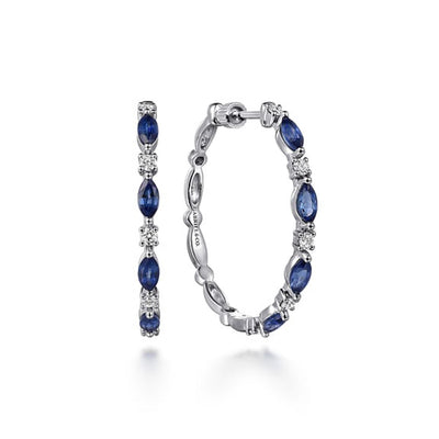Gabriel 14K White Gold 1.64ctw Fancy Hoop Style Marquise Sapphire and Diamond Earrings