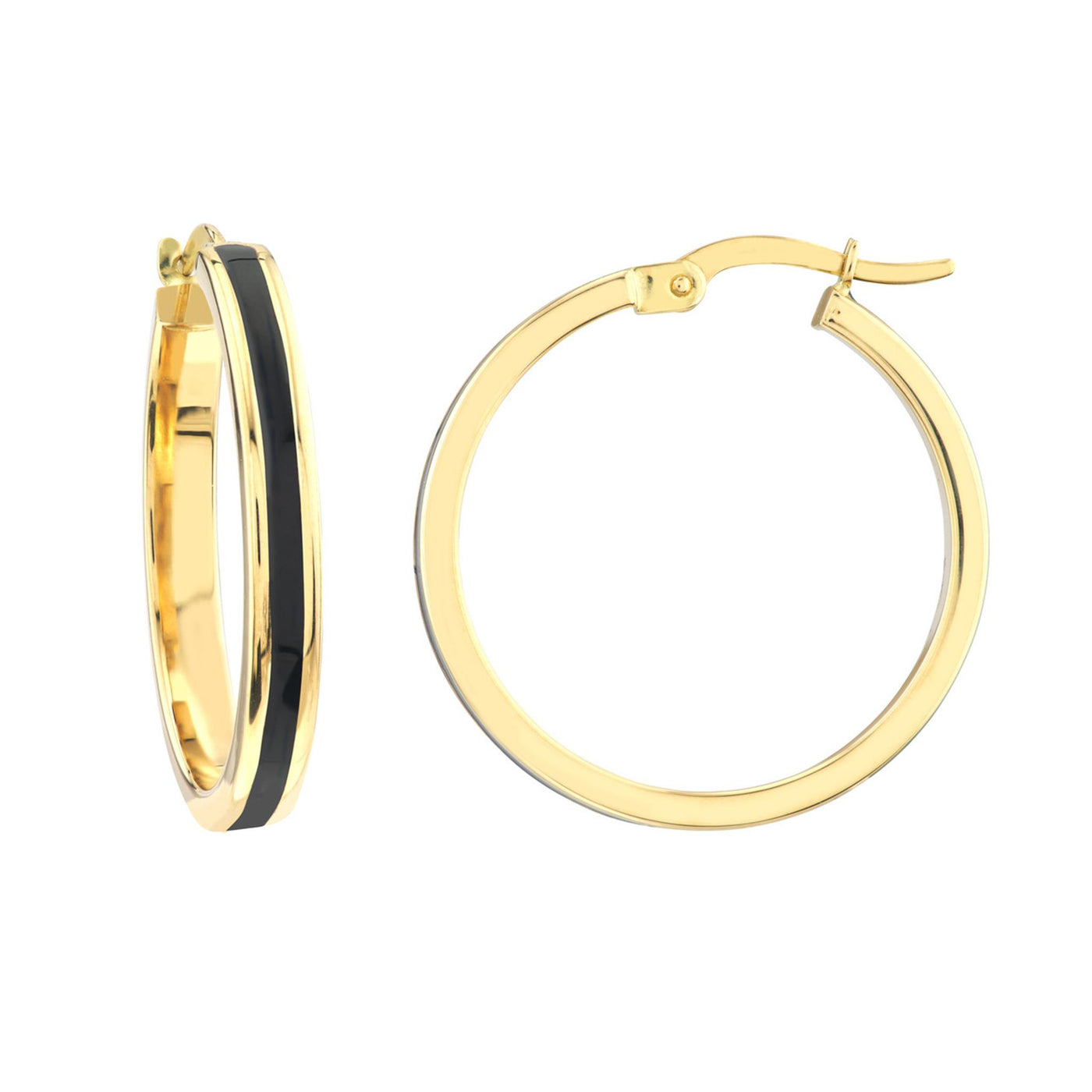 14K Yellow Gold 1.7mm x 20mm Black Enamel Round Hoop Style Earrings