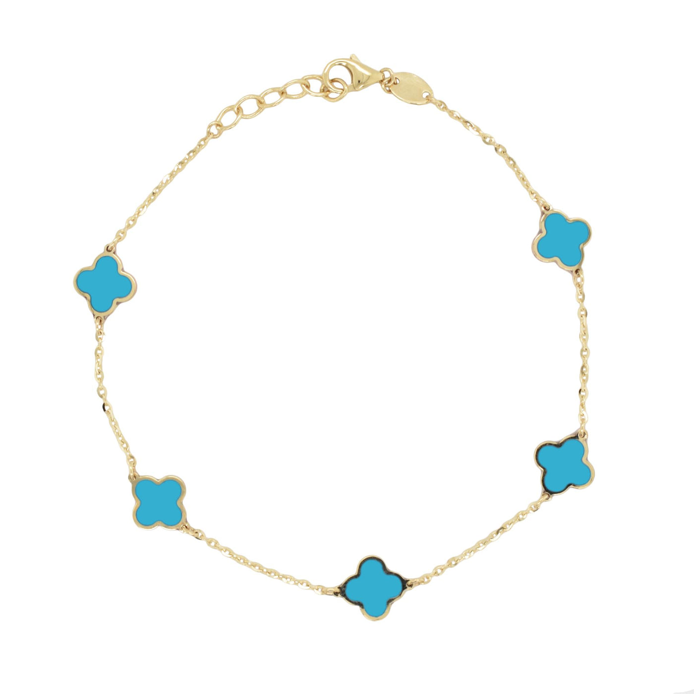 14K Yellow Gold 7" Clover Station Style Bracelet Featuring Turquoise