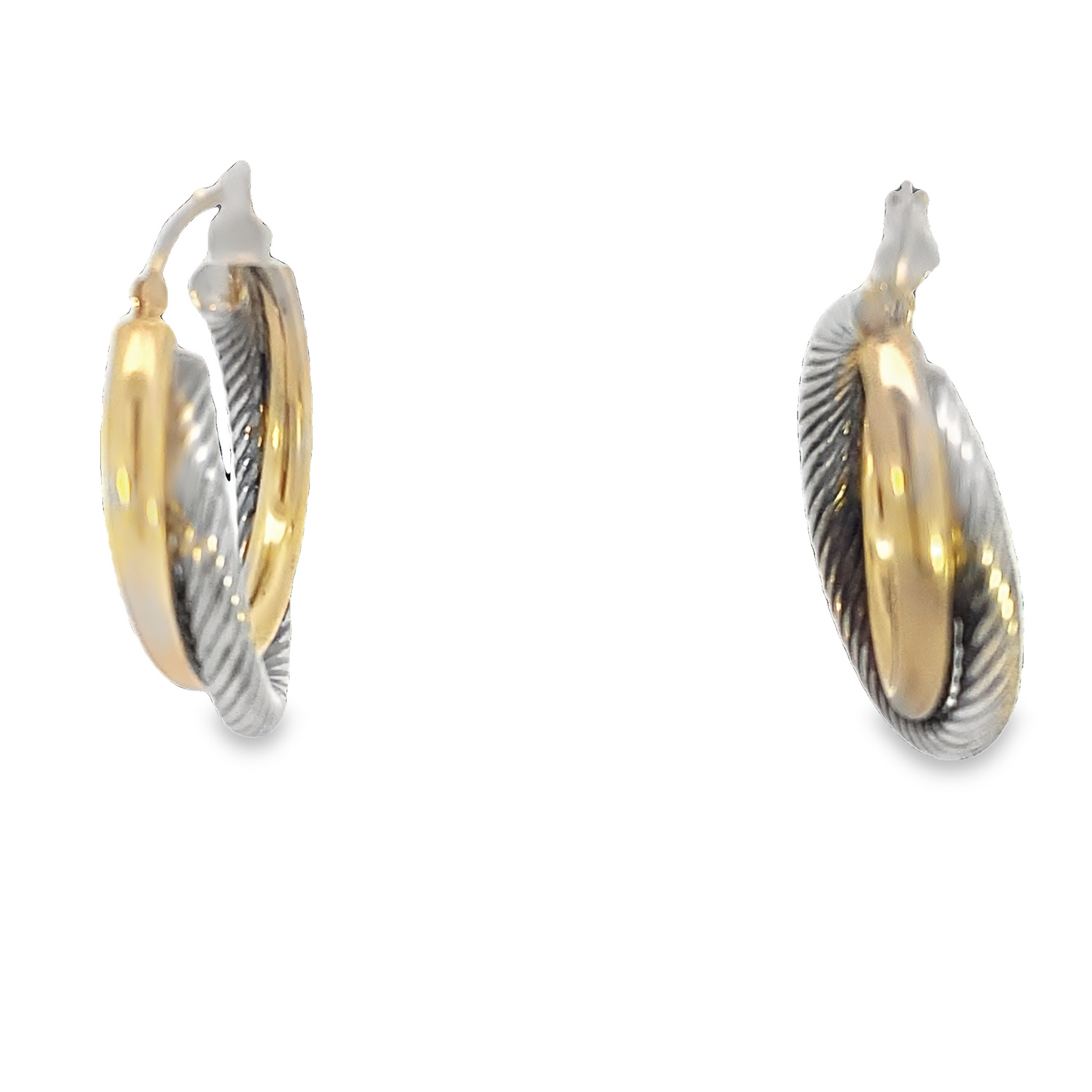 Estate 14K Yellow Gold & Sterling Silver 5.5mm x 28mm Double Tube Round Hoop Style Earrings