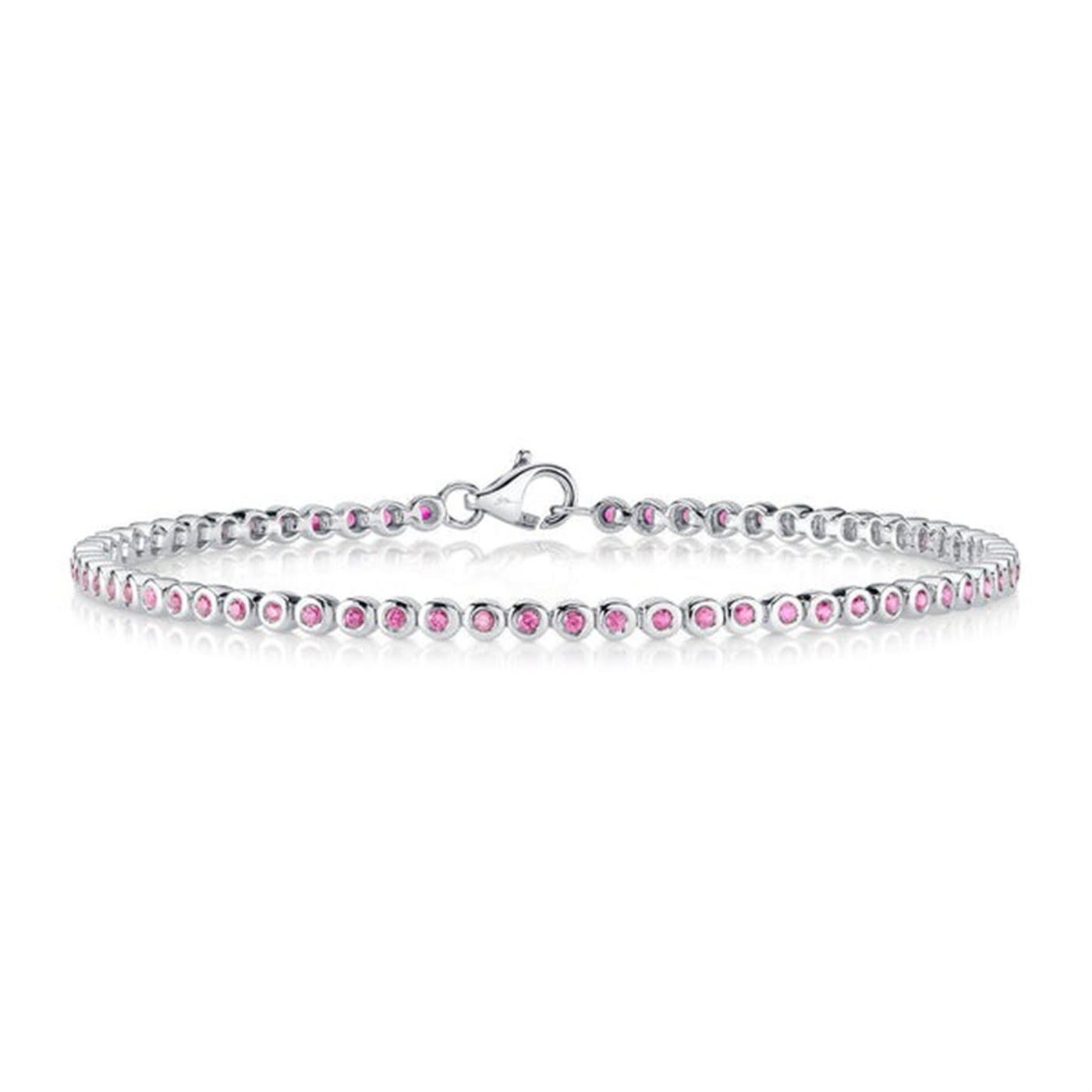 Shy Creation 14K White Gold 7" Bezel Set Tennis Style Bracelet Featuring Pink Sapphires