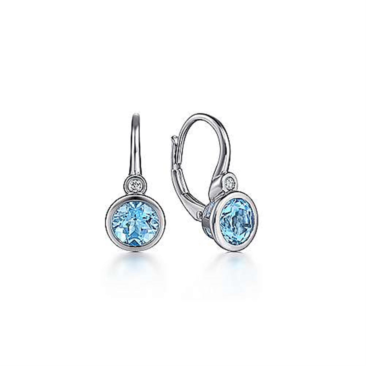 Gabriel Sterling Silver 2.00ctw Drop Bezel Style Round Blue Topaz and Diamond Earrings