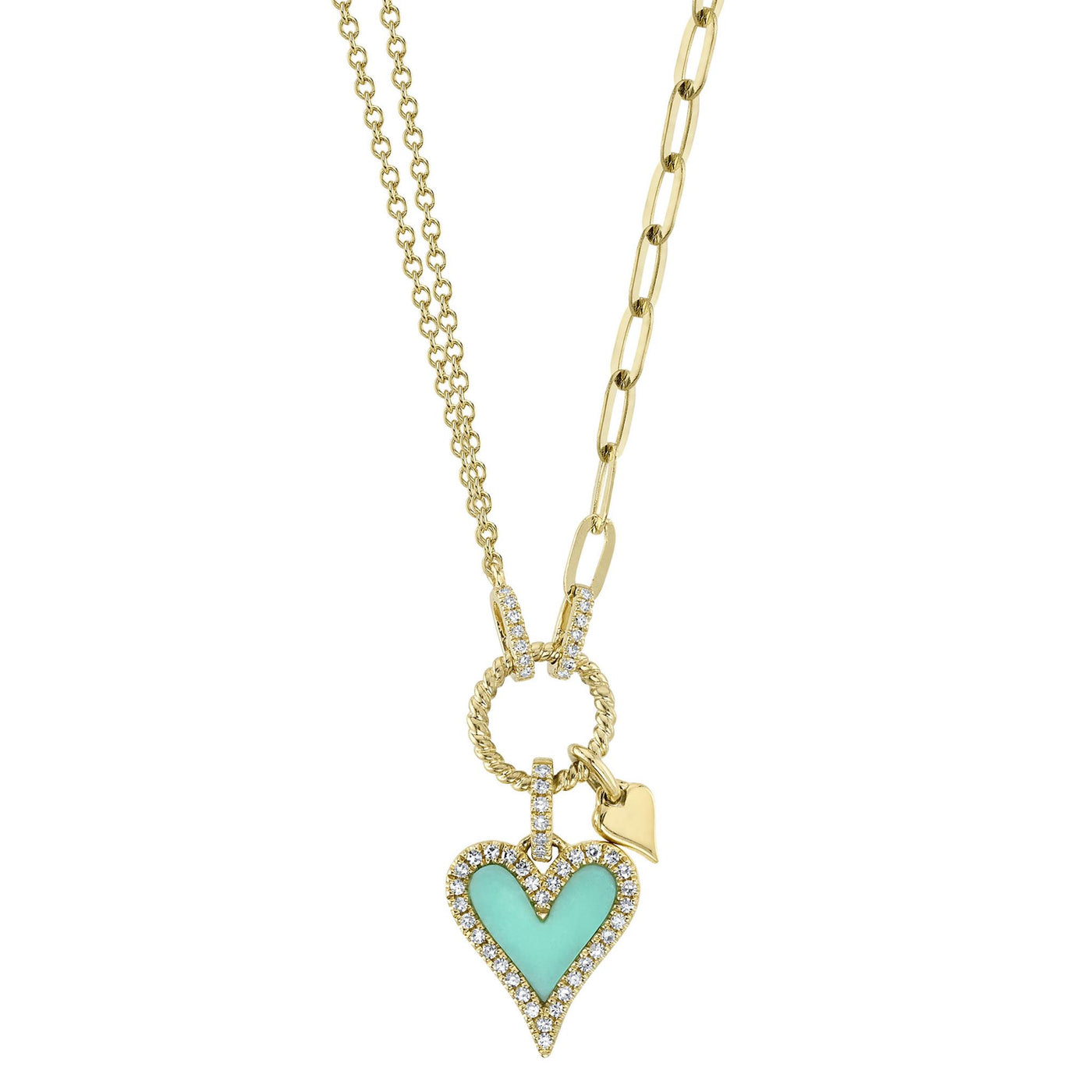 Shy Creation 14K Yellow Gold Turquoise and Diamond Heart Style Necklace