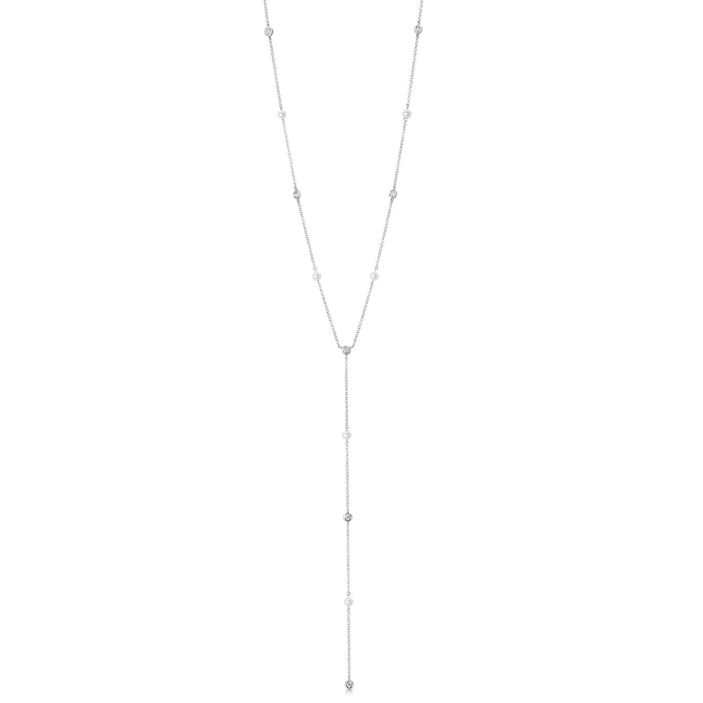 MK Luxury 14K White Gold 22" Adjustable .28ctw Freshwater Pearl and Diamonds Lariat Necklace