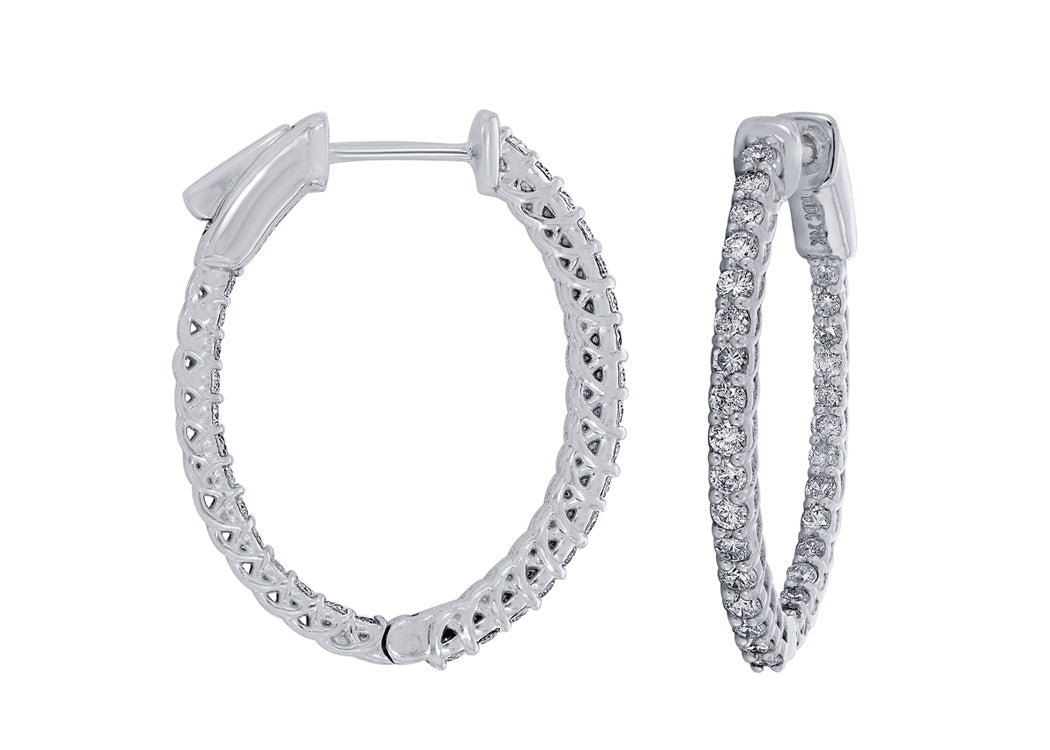 14K White Gold 1.51ctw Inside Out Oval Hoop Style Diamond Earrings