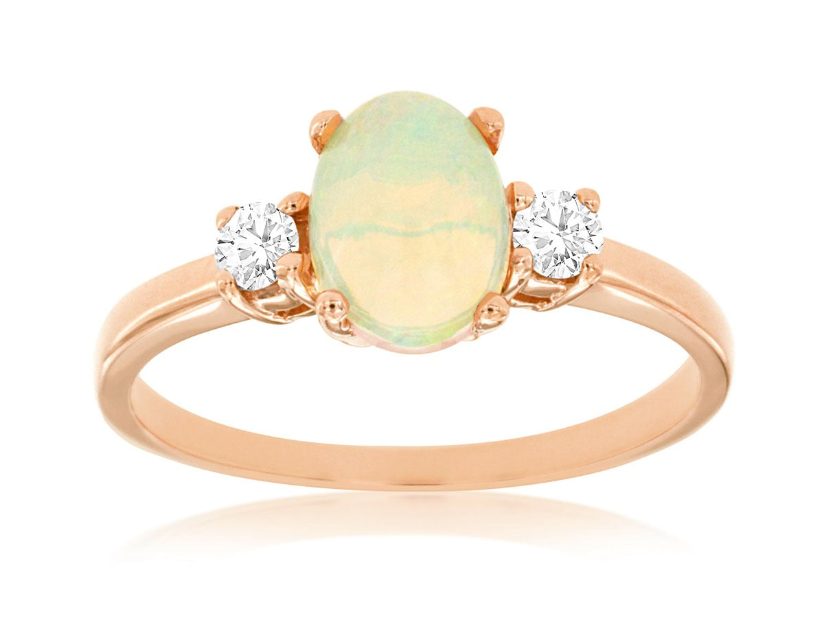 14K Rose Gold 1.07ctw Three Stone Style Opal and Diamond Ring