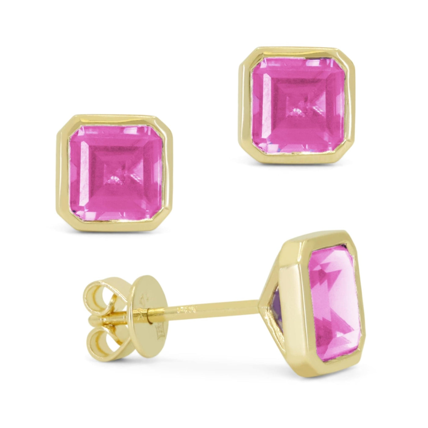 Madison L 14K Yellow Gold 2.50ctw Solitaire Bezel Style Emerald Cut Created Pink Corundum Earrings