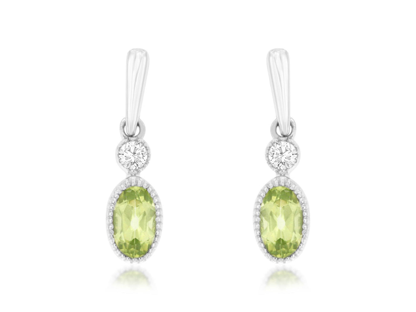 14K White Gold .3ctw Drop Style Oval Peridot and Diamonds Earrings