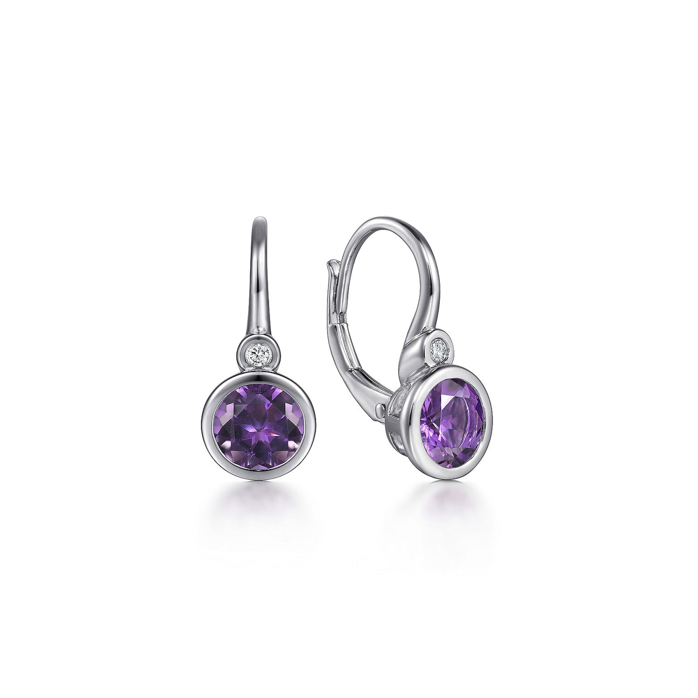 Gabriel Sterling Silver 1.30ctw Drop Bezel Style Round Amethysts and Diamonds Earrings