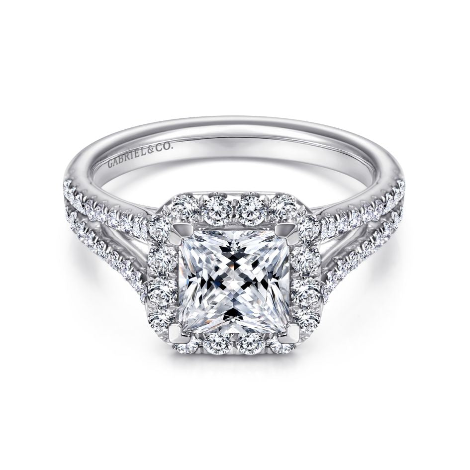 Gabriel 14K White Gold .52ctw Cushion Halo Style Diamond Semi-Mount Engagement Ring