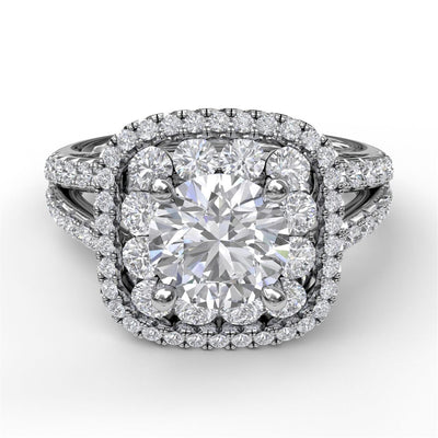 Fana 14K White Gold 1.08ctw Cushion Halo Style Diamond Semi-Mount Engagement Ring