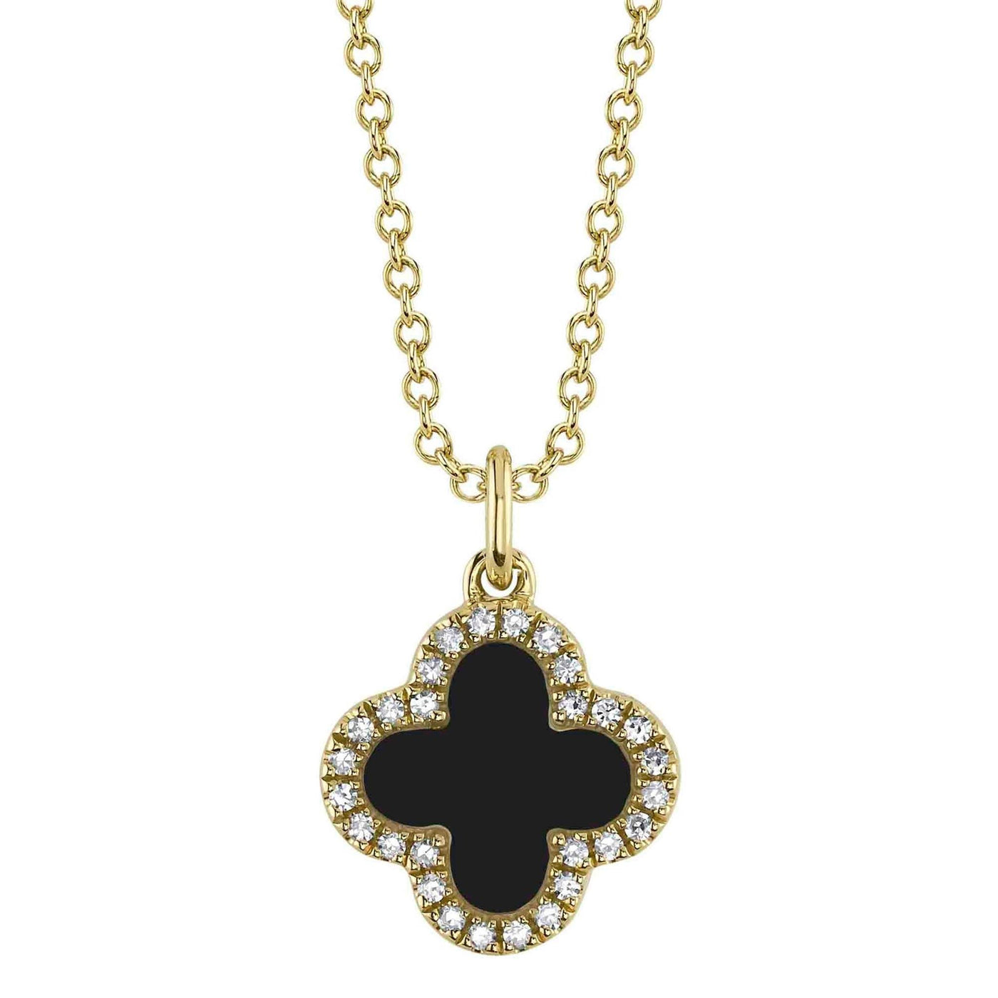 Shy Creation 14K Yellow Gold 1.03ctw Double Sided Clover Style Onyx Necklace