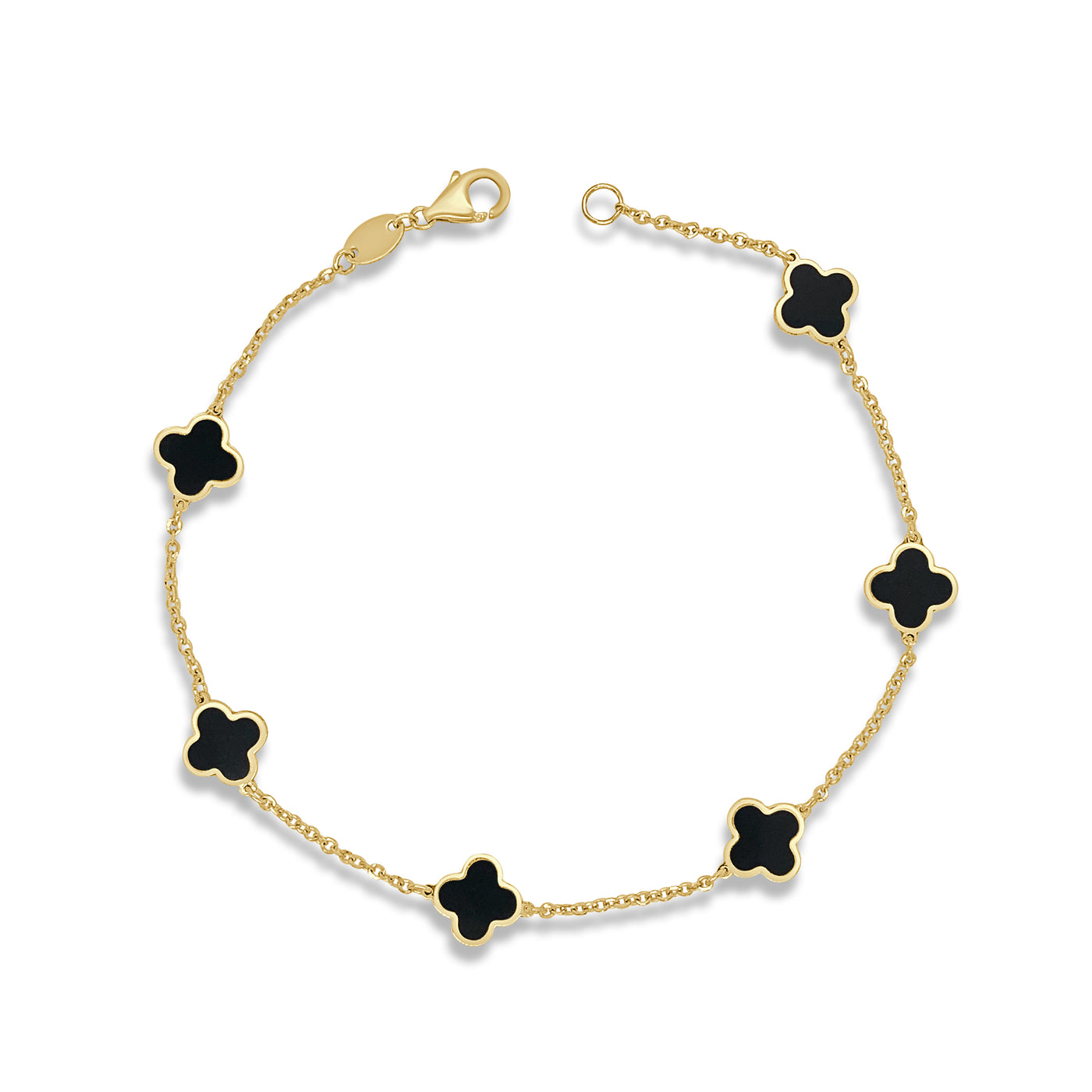14K Yellow Gold 7" Clover Fancy Link Style Bracelet Featuring Onyx