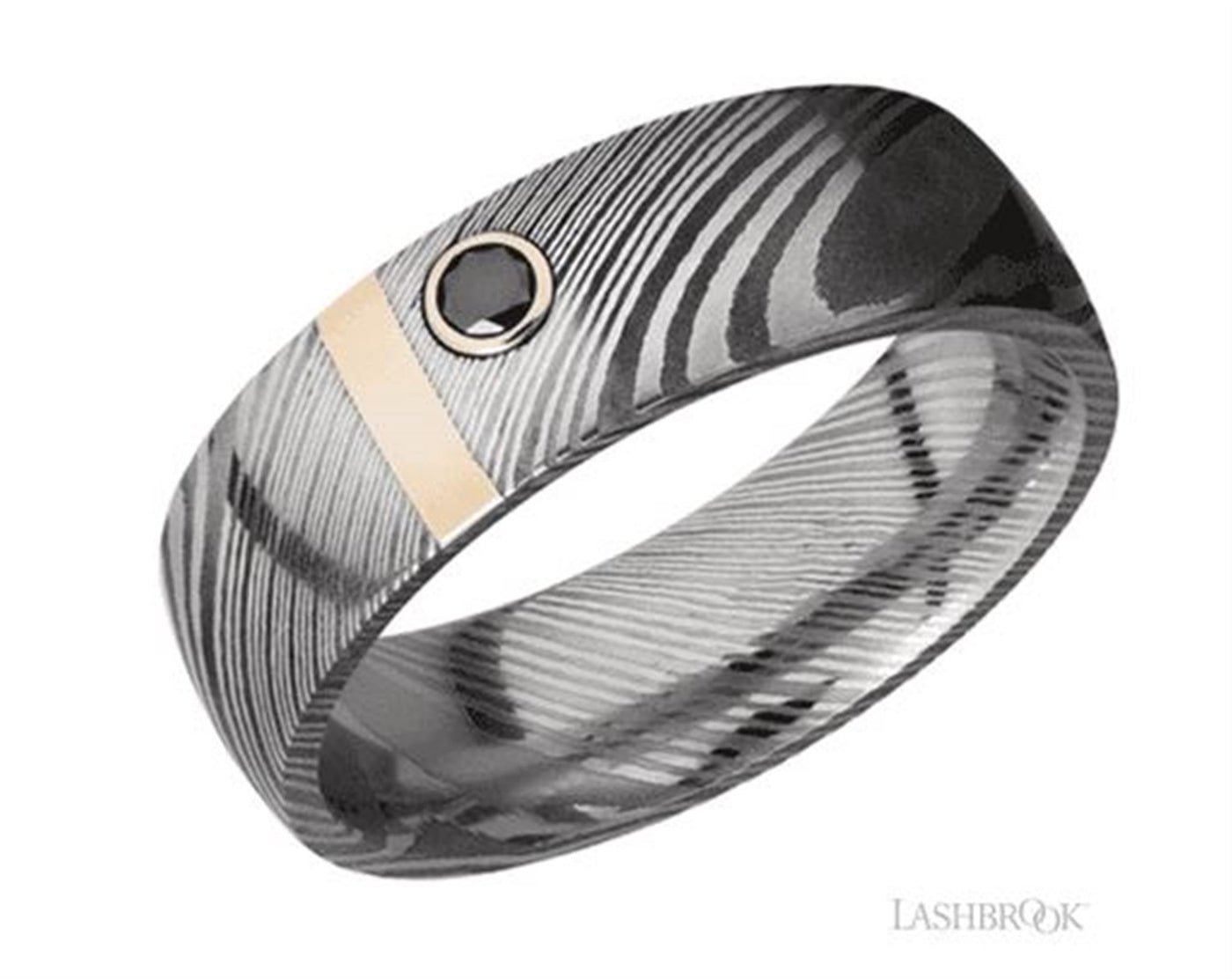 7mm Damascus Steel and 14K Yellow Gold Wedding Band