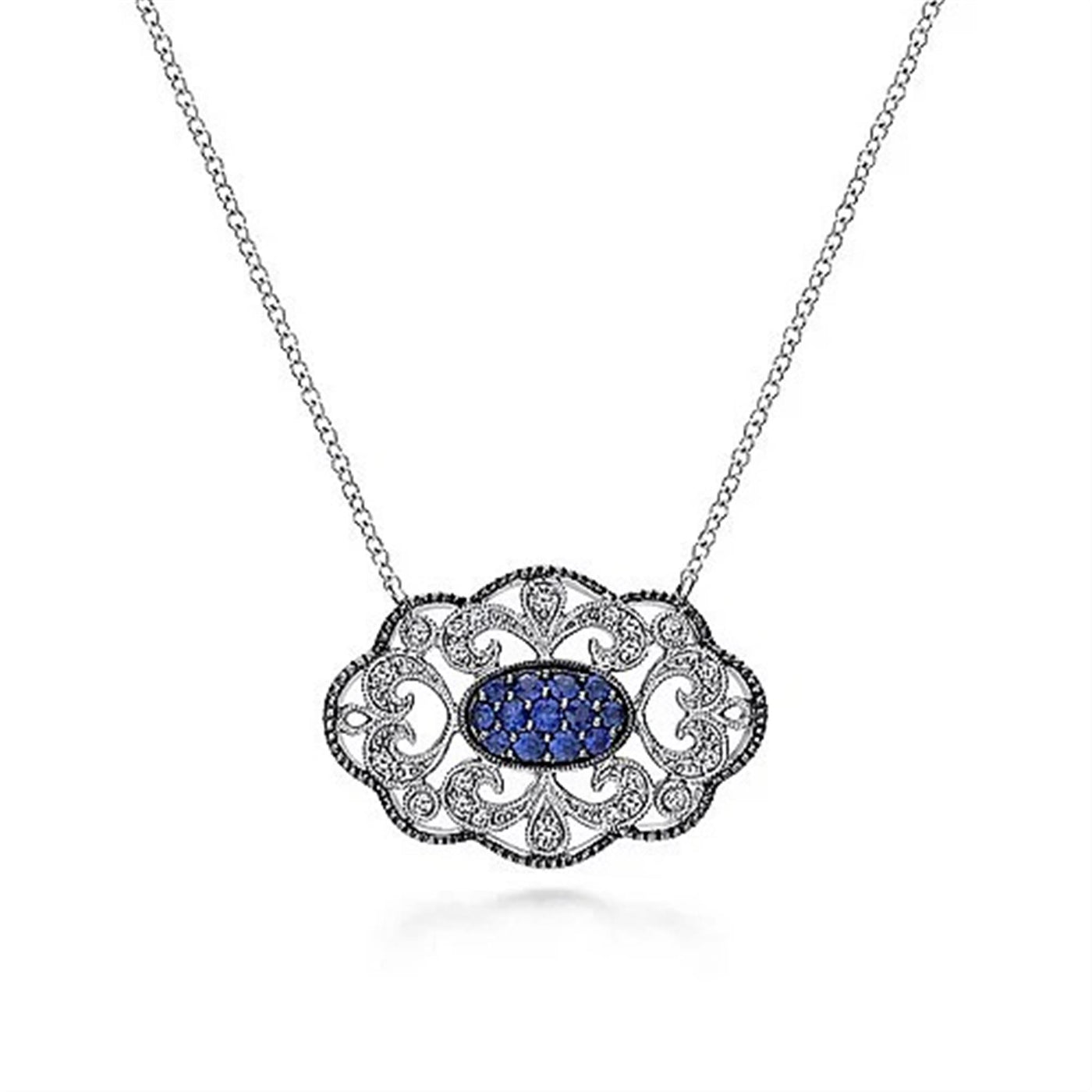 Gabriel Sterling Silver .50ctw Filigree Style Necklace Featuring Sapphires and Sapphires