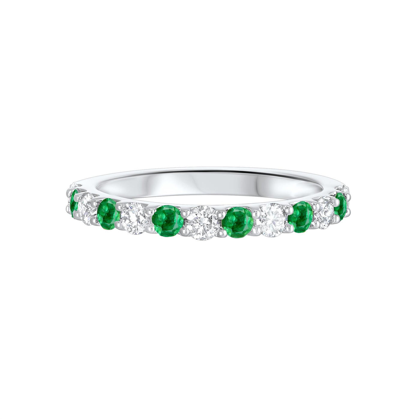 14K White Gold 1.01ctw Alternating Gemstone Style Diamonds and Emerald Ring