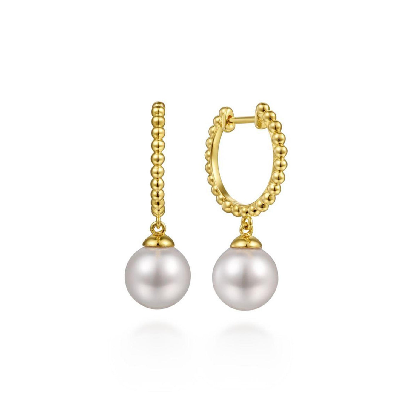 14K Yellow Gold 1.59ctw Huggie Style Earrings Featuring White Cultured Pearls