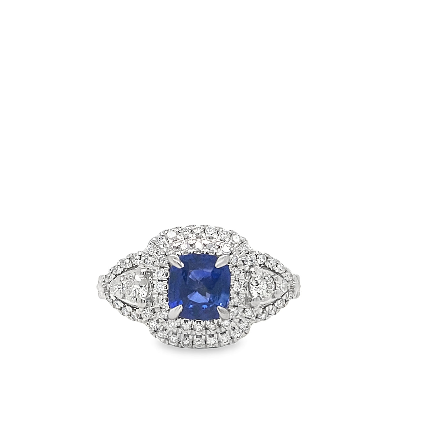 14K White Gold 1.88ctw Halo Style Sapphire and Diamonds Ring