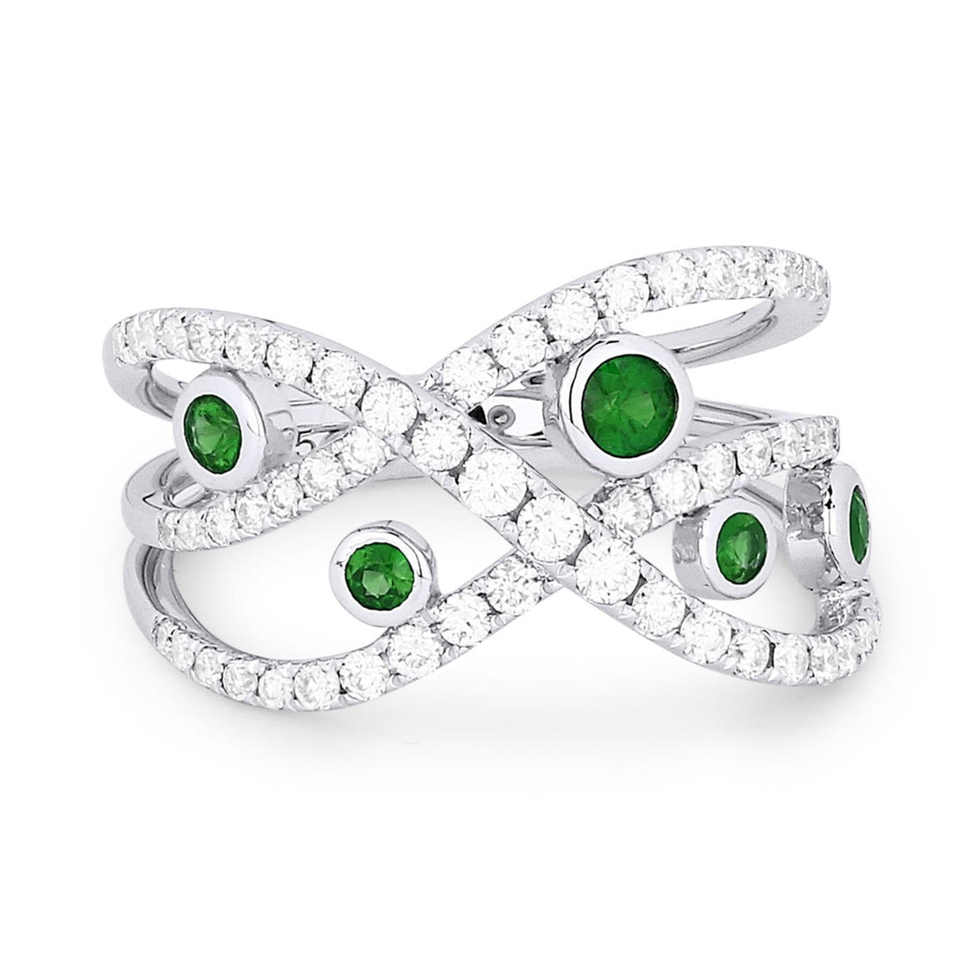 Madison L 14K White Gold 0.93ctw Ribbon Style Emeralds and Diamonds Ring