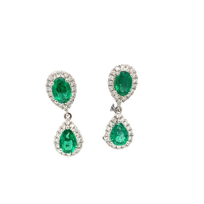 14K White Gold 3.25ctw Dangle Style Various Shapes Emeralds and Diamonds Earrings