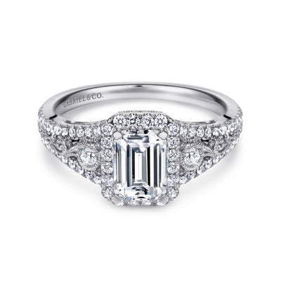 Gabriel 14K White Gold .49ctw Emerald Cut Halo Style Diamond Semi-Mount Engagement Ring