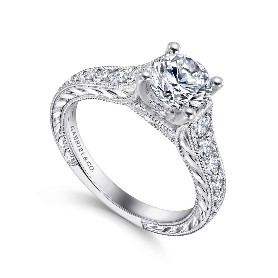 Gabriel 14K White Gold .56ctw Vintage Inspired Style Diamond Semi-Mount Engagement Ring