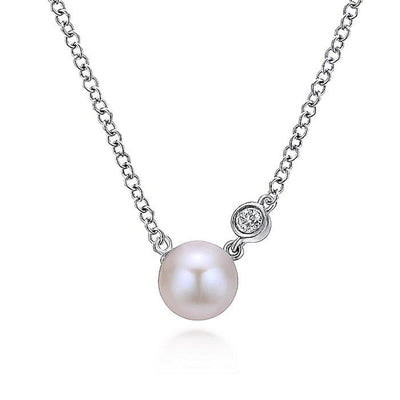 Gabriel Sterling Silver 17.5" Adjustable .02ctw Cultured Pearl and Diamond Floating Necklace