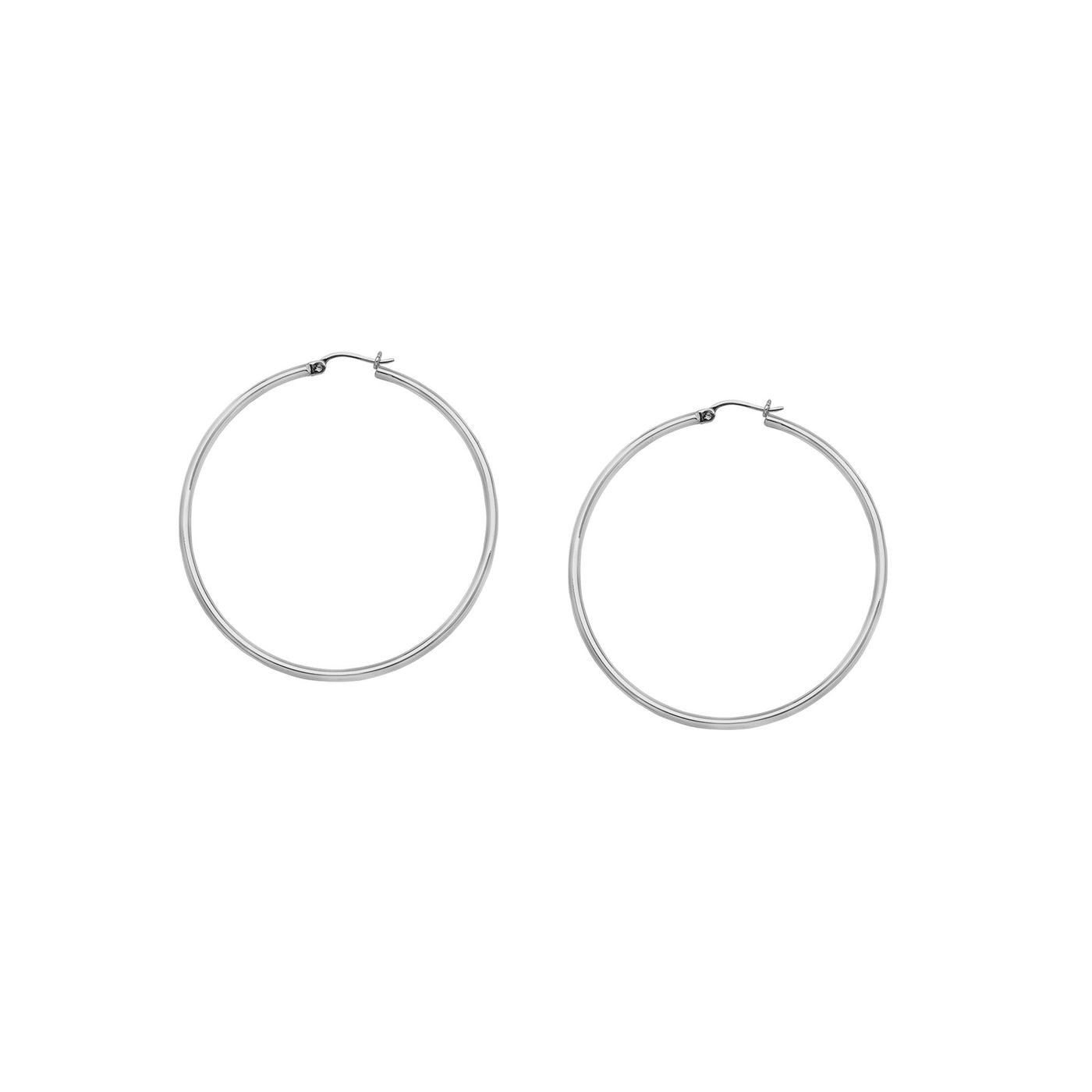 14K White Gold 2mm x 30mm Round Tube Design Round Hoop Style Earrings