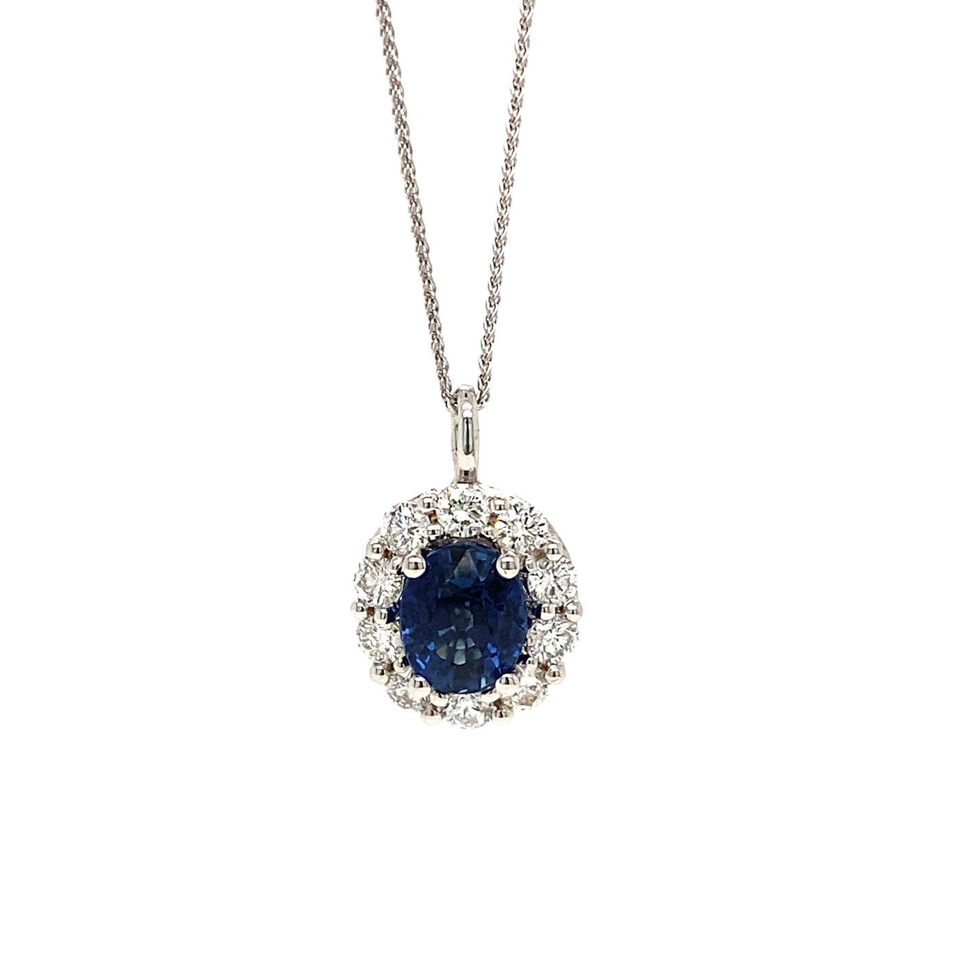 14K White Gold 2.50ctw Halo Style Sapphire Necklace