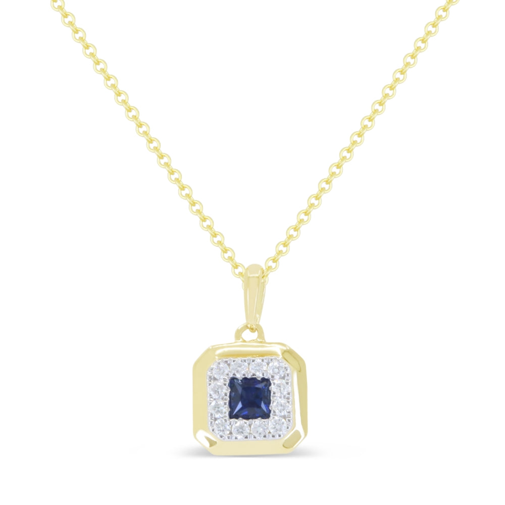 14K Yellow Gold .18ctw Halo Style Sapphire Necklace