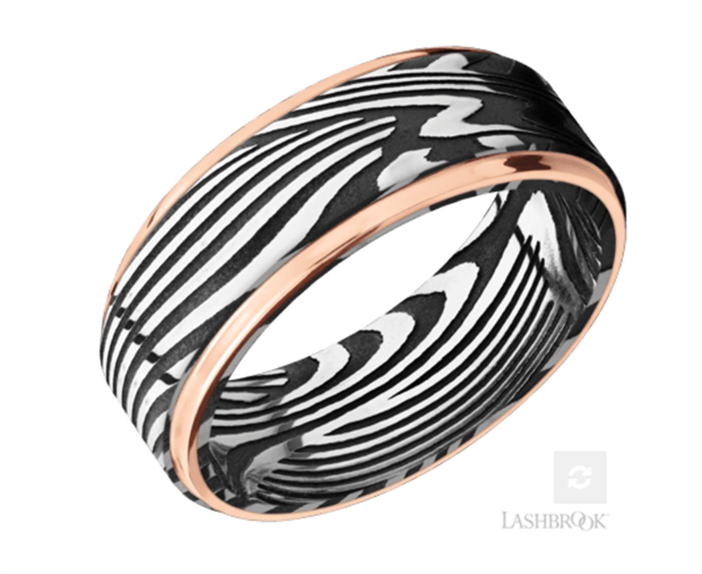 8mm Damascus Steel and 14K Rose Gold Wedding Band