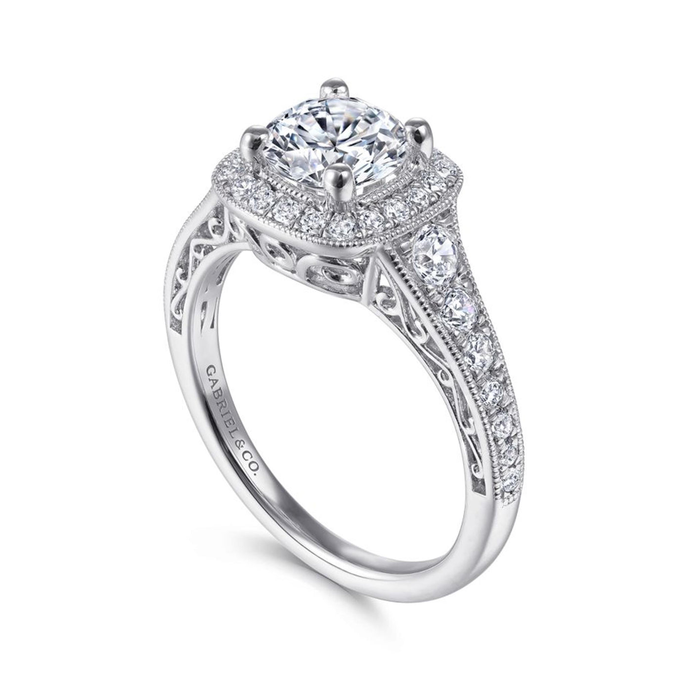 Gabriel 14K White Gold .60ctw Cushion Halo Style Diamond Semi-Mount Engagement Ring