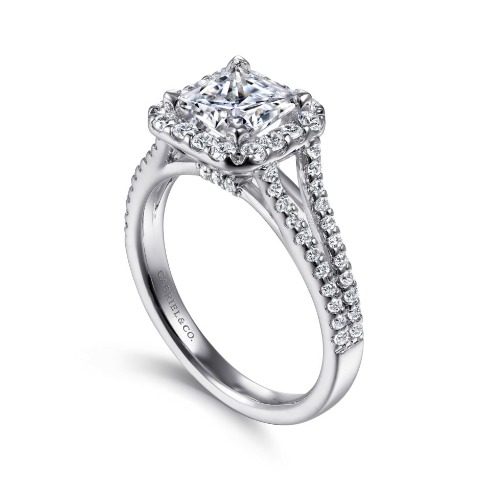 Gabriel 14K White Gold .57ctw Cushion Halo Style Diamond Semi-Mount Engagement Ring