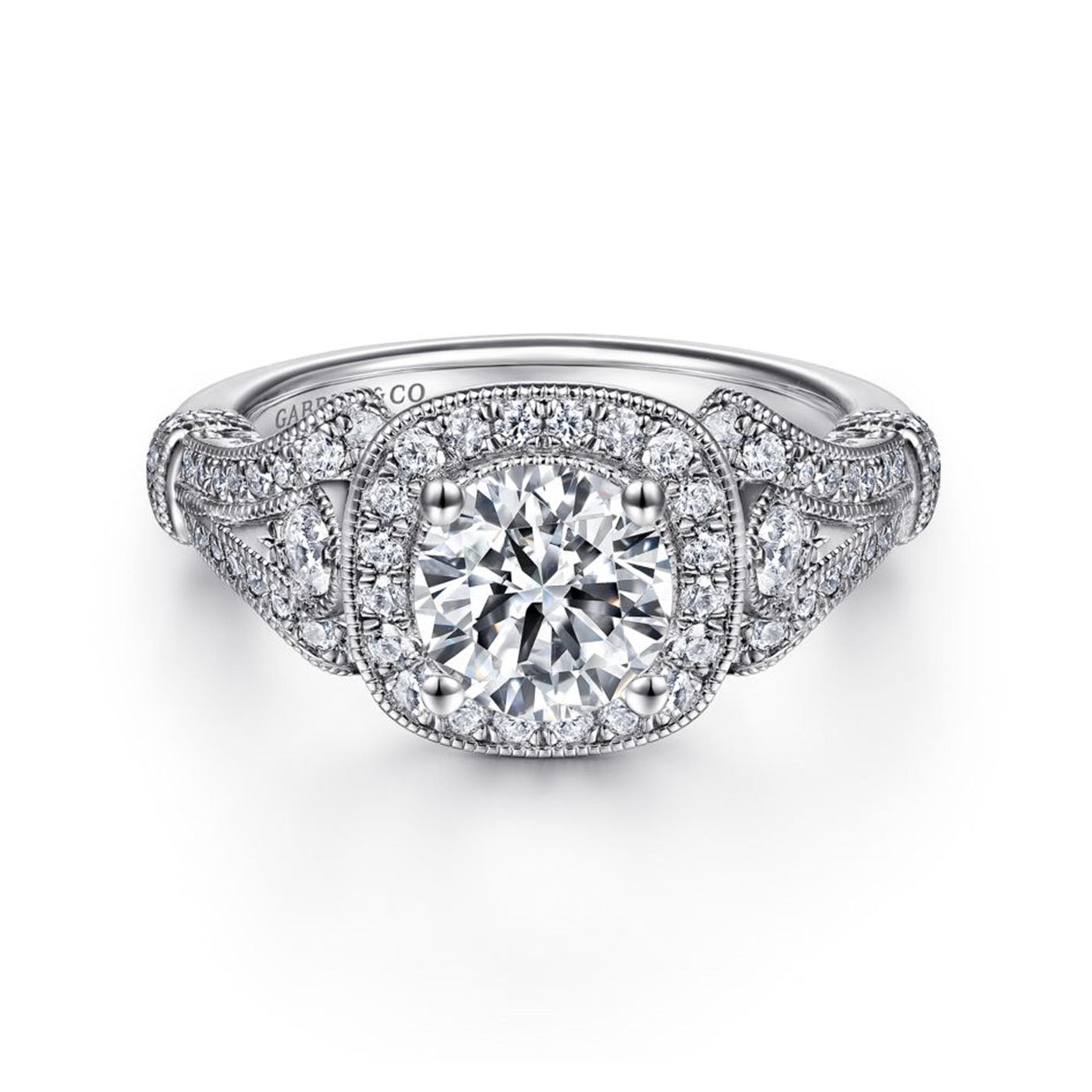 Gabriel 14K White Gold .42ctw Cushion Halo Style Diamond Semi-Mount Engagement Ring
